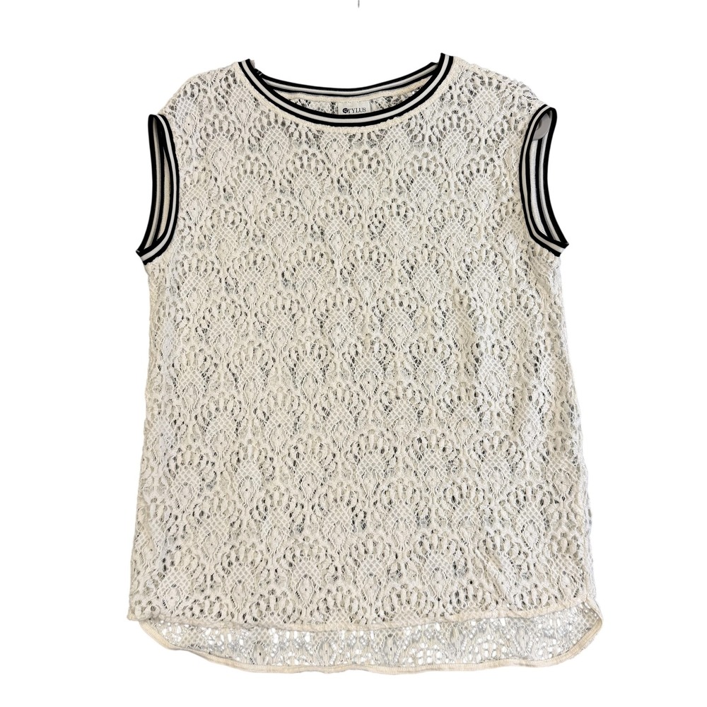 Stylus Tank Top Womens Medium White Lace Ringer Sleeveless Lined Casual Summer